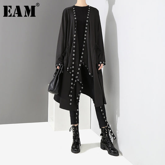 [EAM] Loose Fit Black Hollow Out Ribbon Pleated Big Size Jacket New V-collar Long Sleeve Women Coat Fashion Spring 2020 1D756