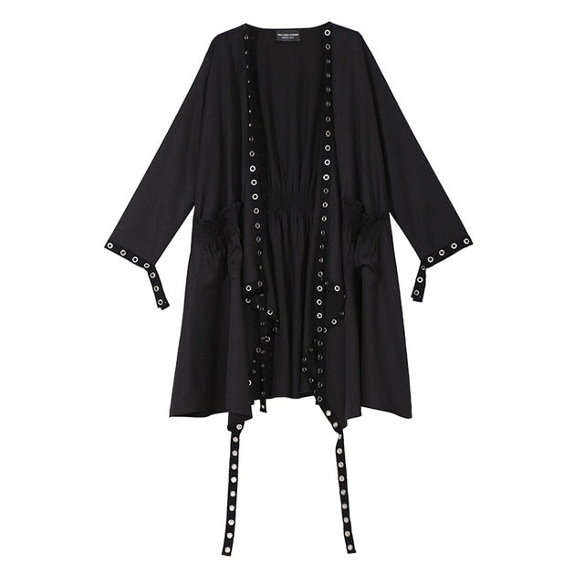 [EAM] Loose Fit Black Hollow Out Ribbon Pleated Big Size Jacket New V-collar Long Sleeve Women Coat Fashion Spring 2020 1D756