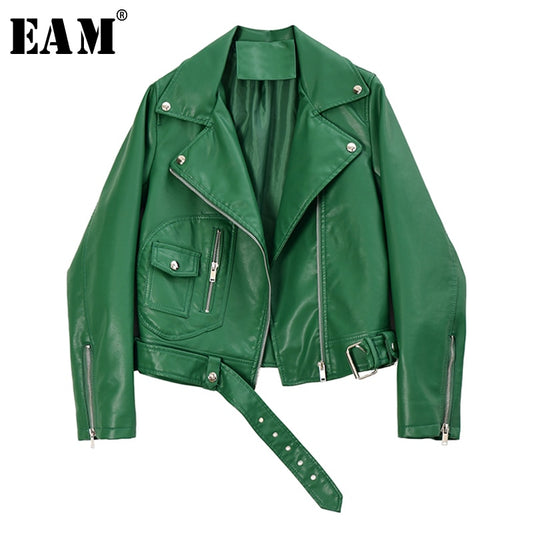 [EAM] Loose Fit Green Zipper Split Pu Leather Short Jacket New Lapel Long Sleeve Women Coat Fashion Tide Spring 2020 1R749