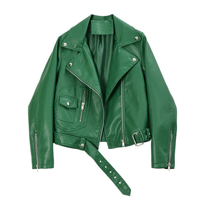 [EAM] Loose Fit Green Zipper Split Pu Leather Short Jacket New Lapel Long Sleeve Women Coat Fashion Tide Spring 2020 1R749