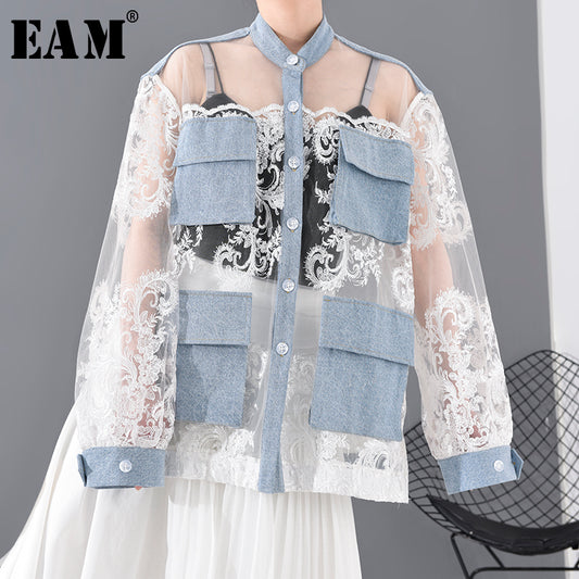 [EAM] Loose Fit White Lace Perspective Big Size Jacket New Stand Collar Long Sleeve Women Coat Fashion Tide Spring 2020 JU30105