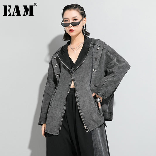 [EAM] Loose Fit Black Denim Split Joint Big Size Jacket New Hooded Long Sleeve Women Coat Fashion Tide Spring 2020 1R641