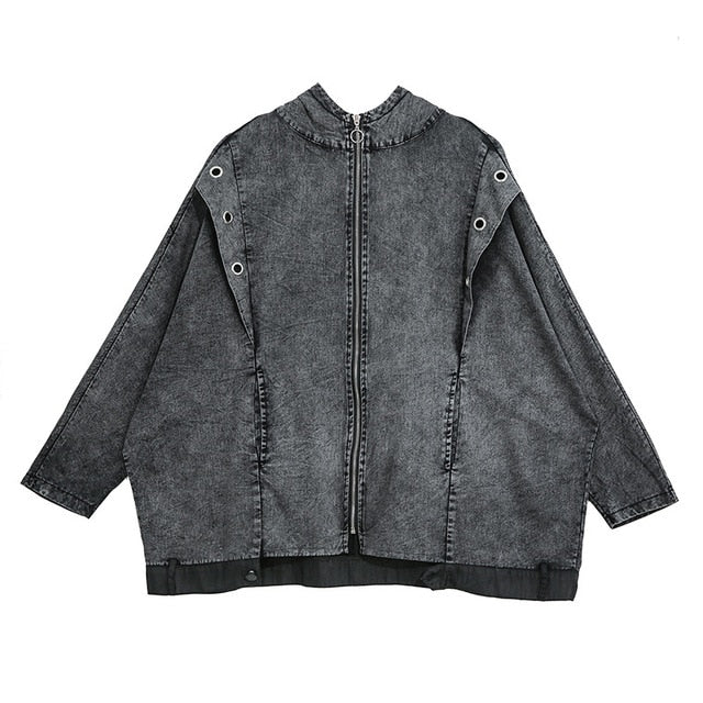 [EAM] Loose Fit Black Denim Split Joint Big Size Jacket New Hooded Long Sleeve Women Coat Fashion Tide Spring 2020 1R641